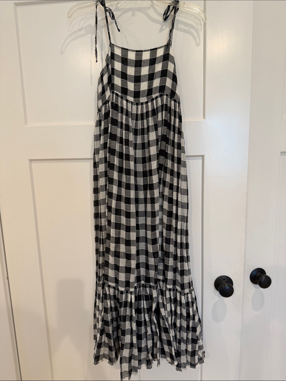 THE GREAT. Black & White Gingham Tiered Maxi Dress with Tie Straps